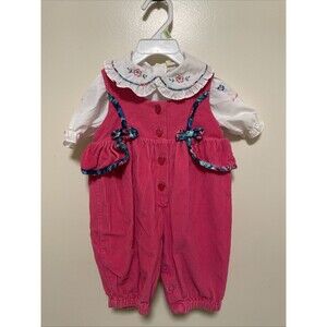 Vtg Baby Girl Embroidered pink floral corduroy Romper jumper 3-6 Mon 80s